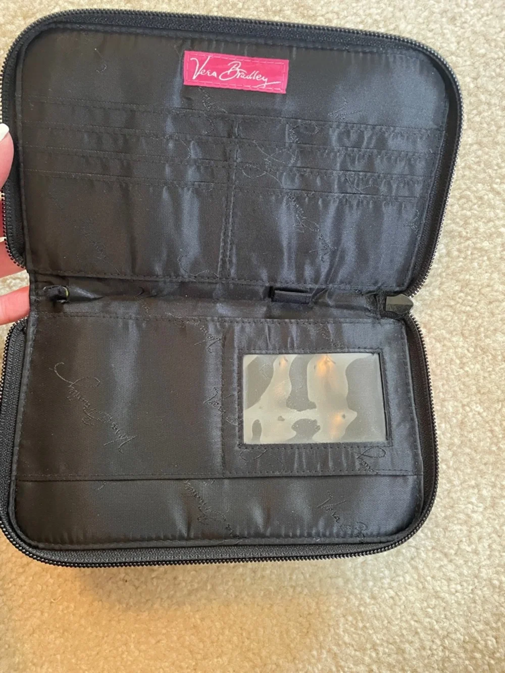 New Condition-Vera Bradley Black Quilted Wallet with Pink Ribbon & Green Floral - Picture 4 of 5